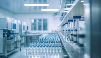 Laboratório farmacêutico moderno com linha automatizada de frascos estéreis utilizado em processos de controle e preparação farmacêutica.