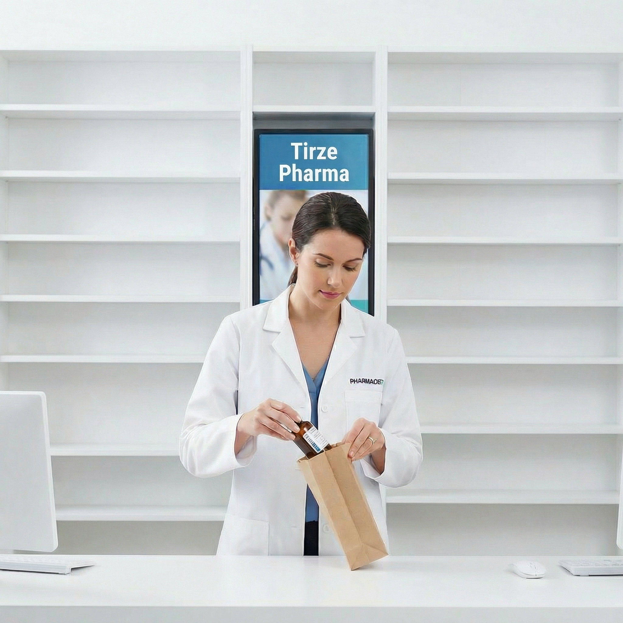 Farmacêutica realizando preparo e dispensação de medicamento manipulado em ambiente profissional